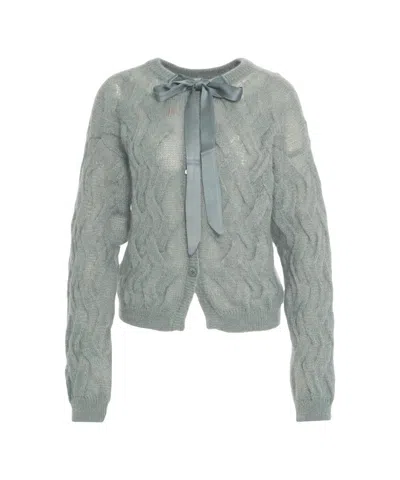 Semicouture Cropped Gray Cable Knit Cardigan With Satin Bow Detail