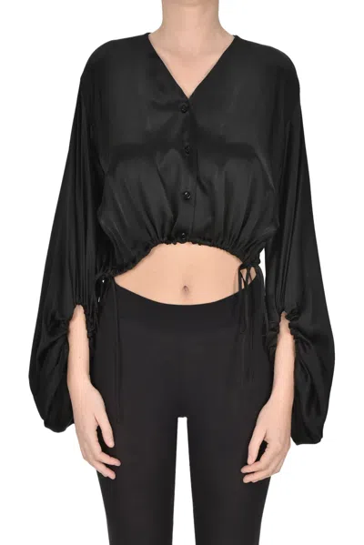 Semicouture Cropped Satin Shirt In Black