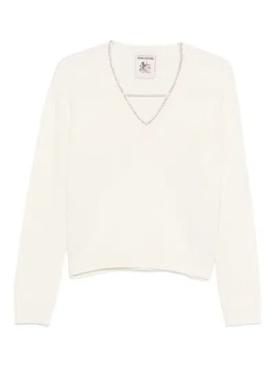 Semicouture Crystal-embellished V-neck Sweater In White