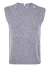 Semicouture Elegant Light Grey Gilet With Crystal Embellishments In Blue