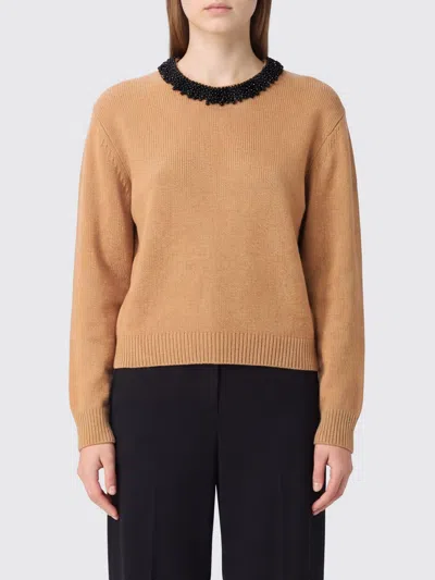 Semicouture Crystal-embellished Crewneck Jumper In Wool And Cashmere In Brown