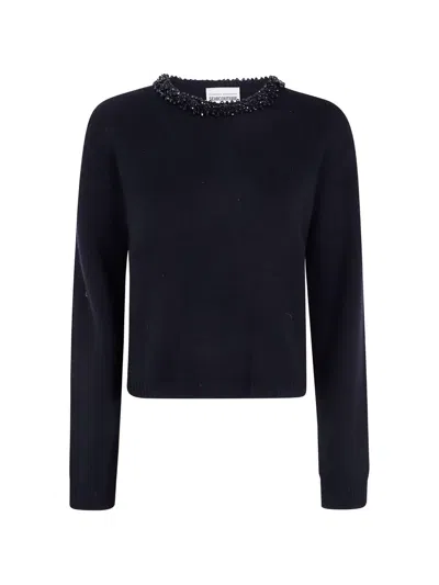 Semicouture Denny Sweater Beaded Neck Cropped Long Sleeves In Blue