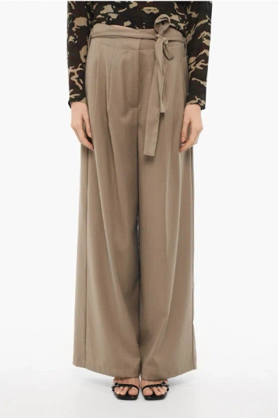 Semicouture Double Pleated Patty Palazzo Pants With Belt In Brown