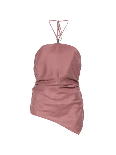 Semicouture Becka Linen Halterneck Top Asymmetric Ruched In Pink