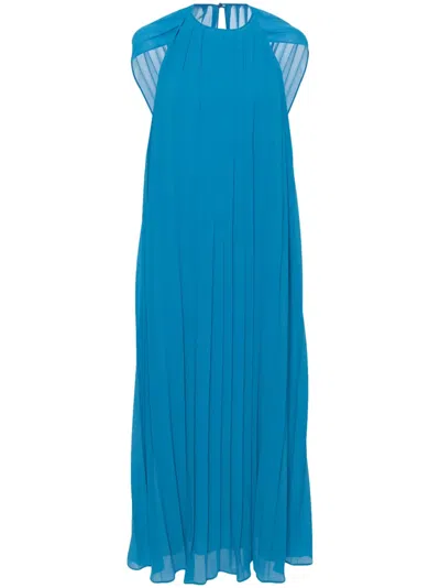 Semicouture Draped-shoulder Pleated Dress In Blue