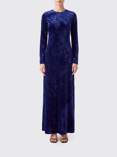 Semicouture Long Sleeve Long Velvet Dress With Round Neck For Women In Blue
