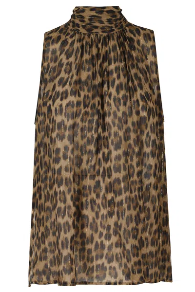 Semicouture Dulcie Top With High Neck Scarf And Leopard Print In Brown