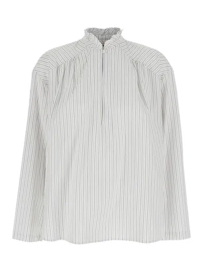 SEMICOUTURE 'FABRIZIA' WHITE SHIRT WITH STRIPE MOTIF AND RUFFLE COLLAR IN COTTON BLEND WOMAN