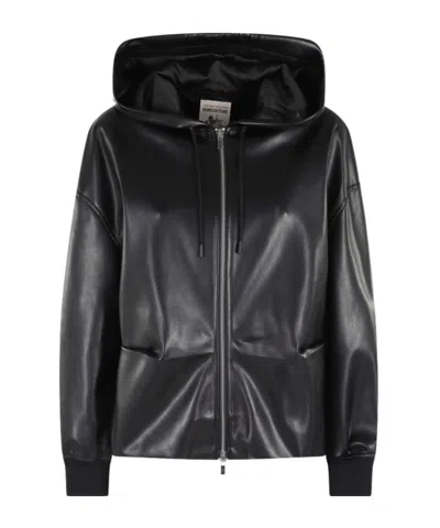 Semicouture Faux Leather Hooded Jacket In Black