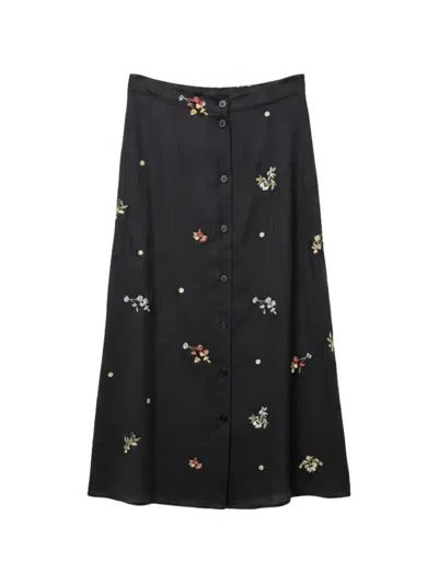 Semicouture Floral-embroidered Midi Skirt In Black