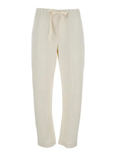SEMICOUTURE BUDDY WHITE PANTS WITH DRAWSTRING WAIST IN COTTON WOMEN
