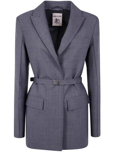Semicouture Belted Notched-lapel Jacket In Gray