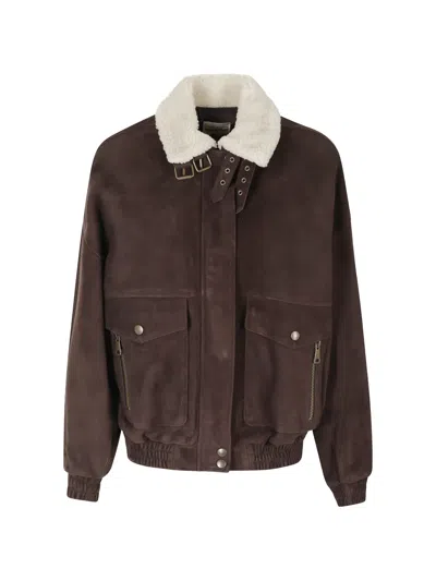 Semicouture Gloria Buckle-detail Shearling-collar Jacket In Brown