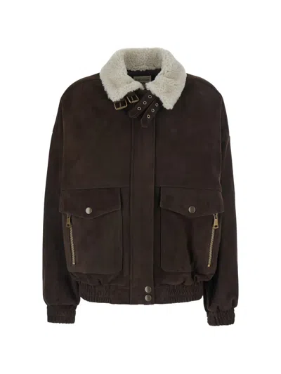 Semicouture Gloria Shearling-collar Buckled-strap Jacket In Brown