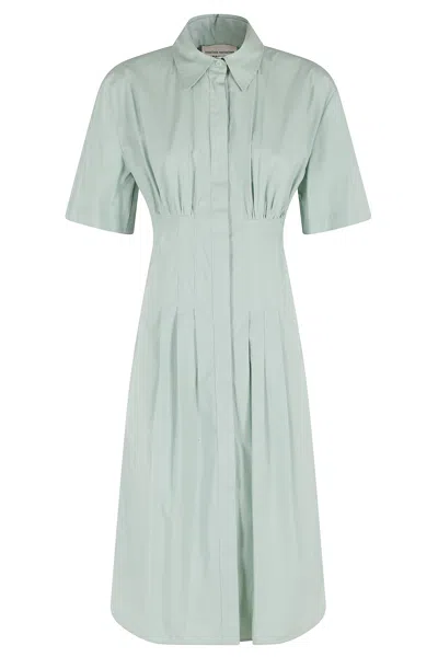 Semicouture Green Sandra Shirt-neck A-line Cotton Midi Dress In Gray