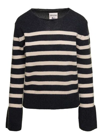 Semicouture Grey Striped Sweater With Wide Crewneck And Long Sleeves In Wool In Black