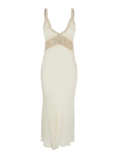 SEMICOUTURE 'JACINTA' WHITE LONG DRESS WITH THIN STRAPS AND CROCHET INSERTS IN SILK AND ACETATE BLEND WOMAN