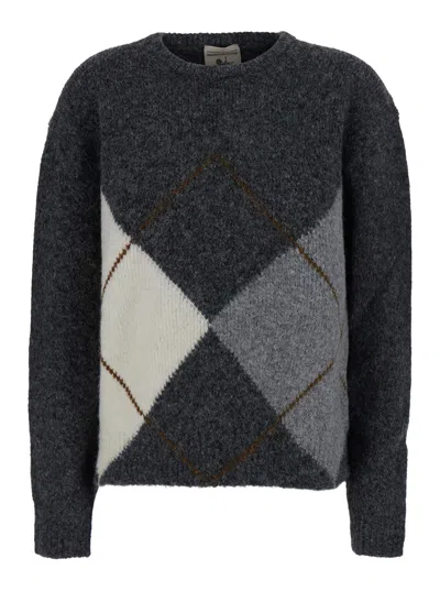 Semicouture Keira Crew Neck Sweater With Front Argyle Motif In Wool Blend For Women In Gray