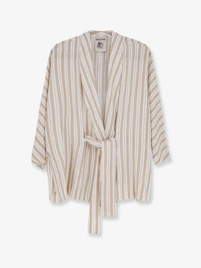 Semicouture Kimono Striped Linen Shirt In Beige