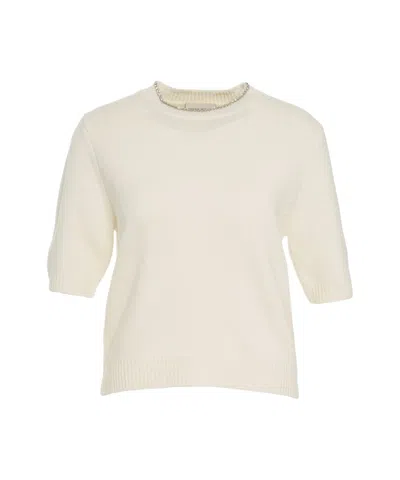 Semicouture Knit T-shirt With Rhinestone Application In White