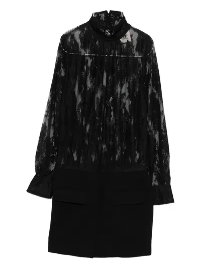 Semicouture Sheer Lace Bodice Mini Dress With Ruffle Cuffs In Black