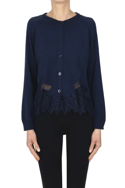 Semicouture Lace Hem Cardigan In Blue