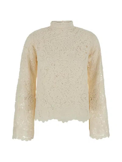 Semicouture Long-sleeved Lace Turtleneck Evening Top In Neutral