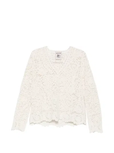 Semicouture Calanthe Lace Knit V Neck Sweater In White