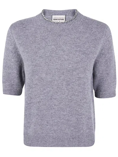 Semicouture Crystal-embellished Short-sleeve Sweater In Blue