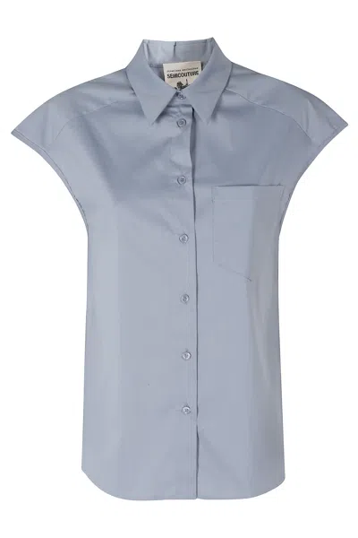 Semicouture Light Blue Lottie Oversized Chest-pocket Cotton Shirt