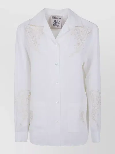 Semicouture Linen Pajama Jacket Embroidered Collar Long Sleeves In White