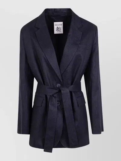 Semicouture Linen Tailoring Jacket Belted Flap Pockets In Blue