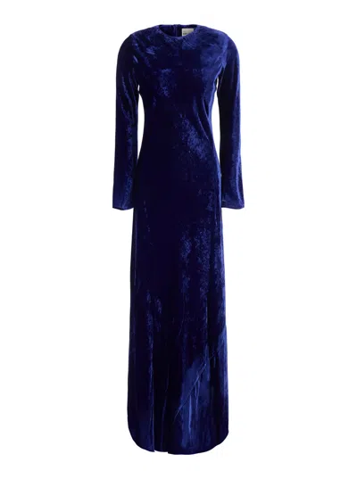 Semicouture Long Sleeve Long Velvet Dress With Round Neck For Women In Blue