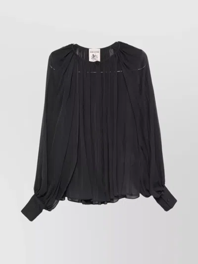 Semicouture Long Sleeve Sheer Pleated Top In Black