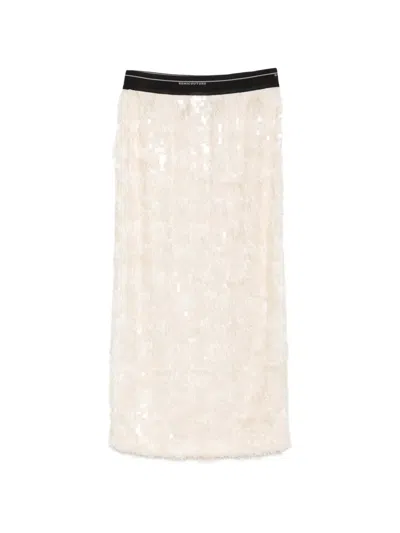 Semicouture Midi Sequin-embellished Fringed Skirt In Neutral