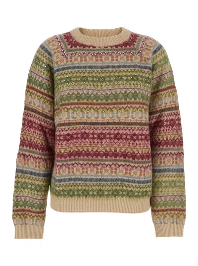 SEMICOUTURE MULTICOLOR KNIT CREWNECK SWEATER WITH STRIPED MOTIF IN WOOL BLEND WOMAN