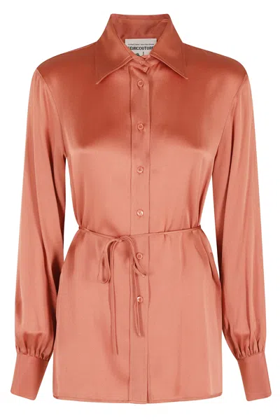 Semicouture Orange Juana Side-slit Long-sleeve Acetate-blend Shirt