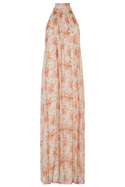 Semicouture Orange Rosalind High-neck Floral Printed Viscose Maxi Dress In Multi