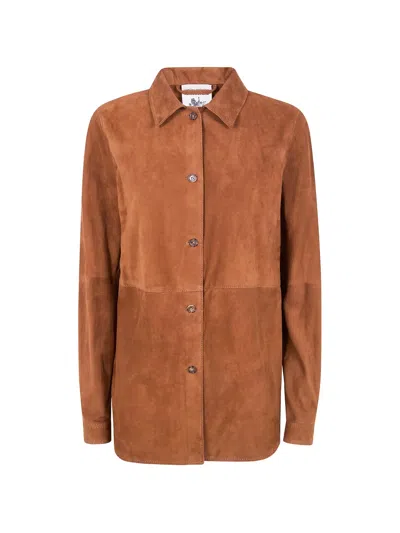 Semicouture Suede Texture Shirt Long Sleeves Collar In Brown