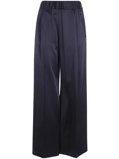 Semicouture Navy Satin Elasticwaist Wideleg Trousers In Blue