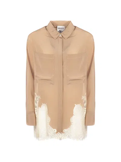 Semicouture Patch-pocket Lace-panel Shirt In Brown
