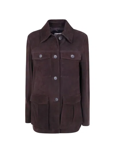 Semicouture Penny Leather Coat Collared Long Sleeves In Brown
