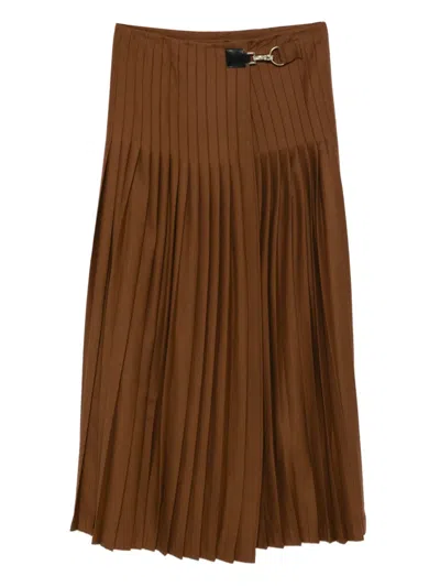 Semicouture Pleated Buckle-detail Midi Skirt In Brown