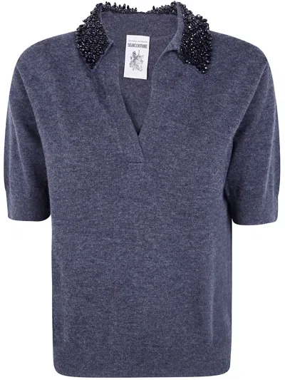 Semicouture Margy Knit Polo Top Beaded Collar In Blue