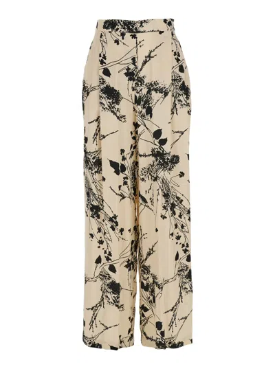 Semicouture 'edwina' White And Black Pants With All-over Floral Motif In Multicolor