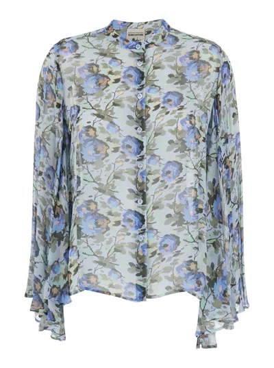 Semicouture Blue Crewneck Shirt With Ruched Sleeves And All-over Floral Print In Viscose Woman