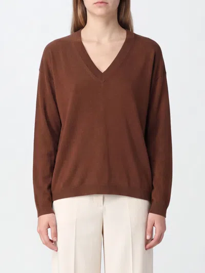 Semicouture Pure Virgin Wool V-neck Jumper With Dropped Shoulders In Brown