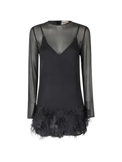 Semicouture Rae Feather-trim Sheer-sleeve Mini Dress In Black