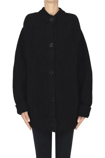 Semicouture Ribbed Knit Maxi Cardigan In Black