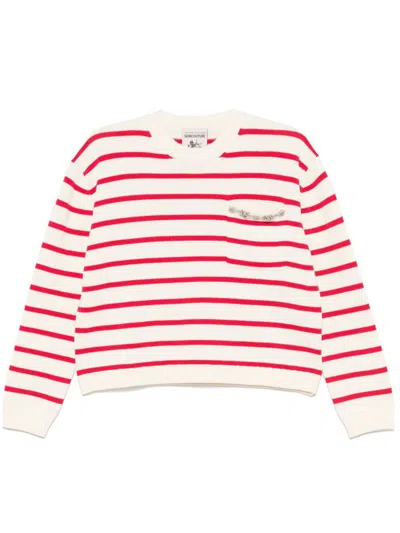 SEMICOUTURE SEMICOUTURE RITA WHITE COTTON SWEATER WITH RED STRIPES AND INSERTS